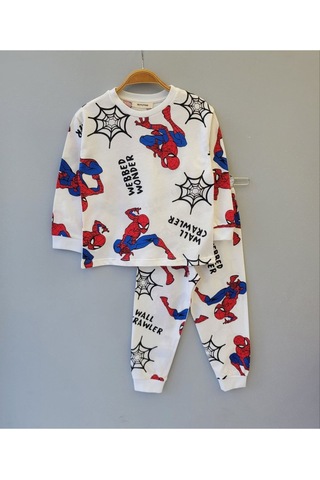 Bunny Hopp Desenli Erkek Çocuk Pijama Takımı %100 Pamuk Mevsimlik Bisiklet Yaka Manşetli BEYAZ