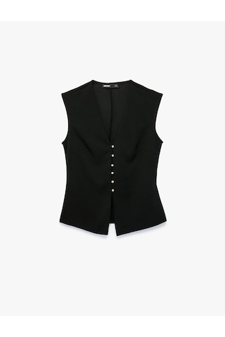 Koton Krep Scuba Kumaş Slim Fit Düğmeli V Yaka Yelek Siyah 7wak30022ek