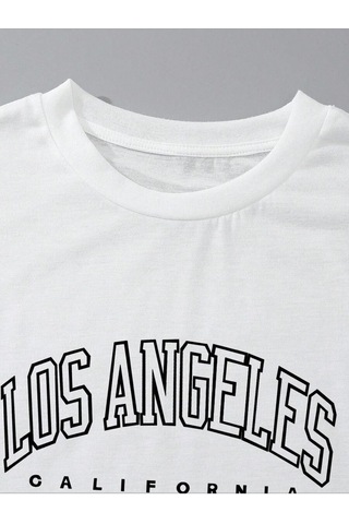 Harmandar Kadın Los Angeles Baskılı T-shirt Şort Takım Beyaz-siyah