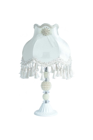 Dekovien Kadife Kaplı Çiçek Dekorlu Beyaz Abajur