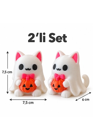 2'li Balkabağına Sarılan Hayalet Kedi Figürü Cadılar Bayramı Dekoratif Set 7,5 X 7,5 X 6 Cm Çok Renkli