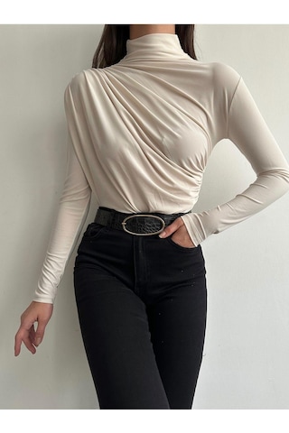 Kadın Büzgü Detaylı Dik Yaka Sandy Bluz Bej