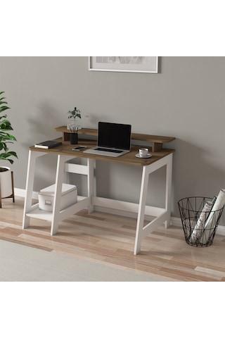 Country Ergonomik Çalışma Masası, Modern Bilgisayar Masası - Beyaz/Antik Ceviz