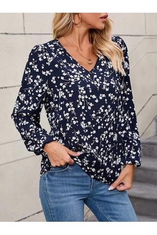 Moderie Butik Kadın Uzun Kollu V Yakalı Çiçek Desenli Modal Bluz Lacivert