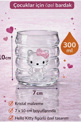 Sevimli Hello Kitty Kristal Figürlü Cam Bardak,300 Ml,kız Çocuk Özel Tasarım Cam Bardak Şeffaf