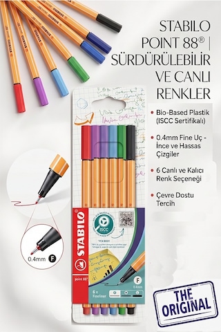 6 Renk Fineliner Kalem 1 Paket Stabilo Point 88 6 Lı Ana Renkler İnce Keçe Uçlu Kalem 0.4mm Su Bazlı Mürekkep