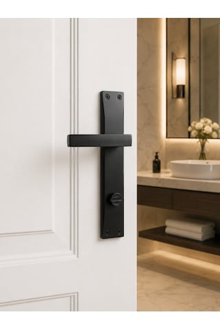 Kare Aynalı Wc Banyo Kapı Kolu Sağ Açılım Mat Siyah Alüminyum Kol Takımı