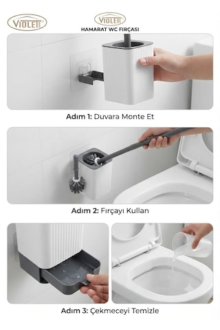 Duvara Monte Edilebilir Yapışkanlı Wc Tuvalet Fırçası Seti - Esnek Ergonomik Başlıklı Hijyenik Banyo Fırçası Duvara Asılabilir & Ayakta Kullanım Beyaz - Gri