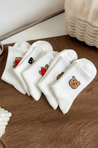 Hitit Socks Kadın 5 Çift Premium Kalite Beyaz Renkli Ayıcık Ve Kalp Desenli Kısa Soket Çorap Çok Renkli
