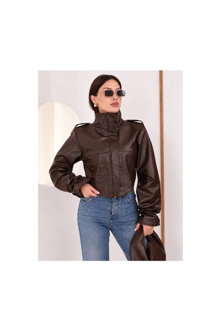Moda Banuş Cup Detay Crop Kahverengi Deri Ceket