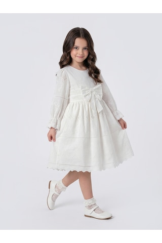 Pina Kids Kız Çocuk Uzun Kollu Önü Kurdelalı Fisto Elbise Beyaz