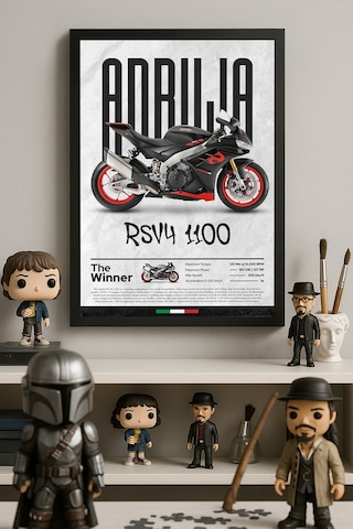 Aprilia Rs V4 1100 Siyah Ahşap Çerçeveli Poster, Dekoratif Motosiklet Duvar Tablosu Çok Renkli