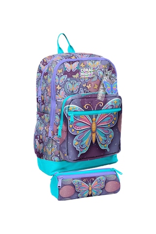 Coral High Okul Sırt Çantası Ve Kalemlik Seti - Pastel Renkli Kelebek Desenli Kız Çocuk Setygn33206c