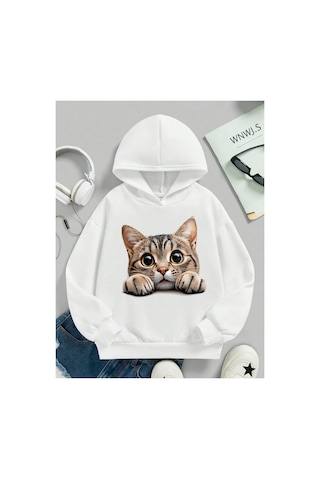 Stil X Sevimli Kediler Baskılı Kapüşonlu Çocuk Sweatshırt Beyaz