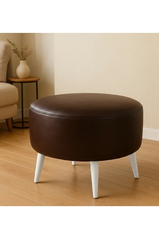 Waterybrook Suni Deri Puf Large - Beyaz Ahşap Ayaklı - Retro Modern Tasarım - Dekoratif Sehpa Acı Kahverengi