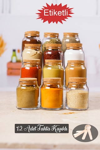 12 Adet Ahşap Kaşıklı Mantar Kapak 300 Ml Cam Kavanoz, Etiketli