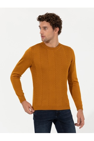 Cacharel Sarı Slim Fit Pamuk Karışımlı Bisiklet Yaka Triko Kazak