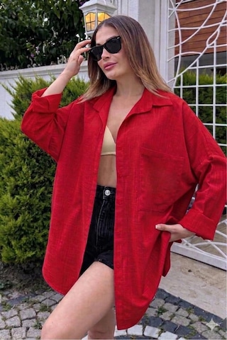 Rouge Basıc Oversize Keten Dokulu %100 Pamuk Salaş Gömlek Kırmızı