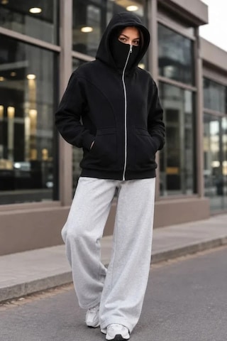 DefyModa Maskeli Ninja Model Çift Kapüşonlu 3 İplik Şardonlu Fermuarlı Oversize Sweatshirt - Siyah