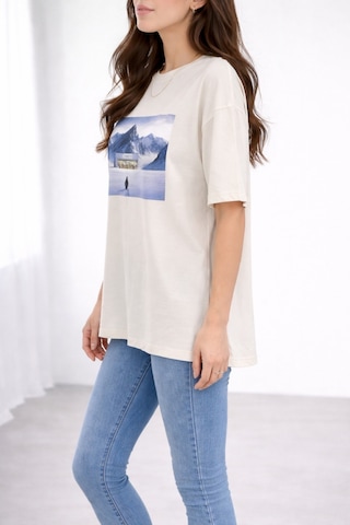 Soft&Basic Kadın %100 Organik Pamuk Baskılı Bisiklet Yaka T-shirt Beyaz