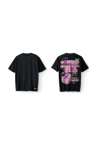 Bumeta No Drama Reality Pembe Grafik Yüz Oversize Unisex Tişört T-shirt Siyah