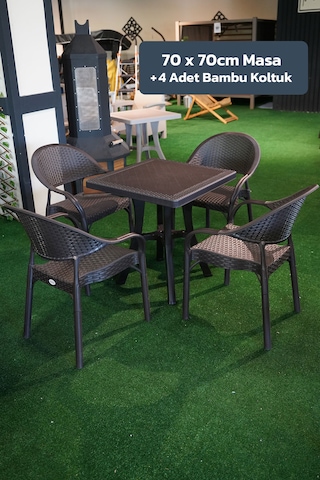 Alezy Bambu Balkon Bahçe Masa Takımı 4 Kişilik 70x70 Masa 4 Adet Bambu Koltuk Kahverengi