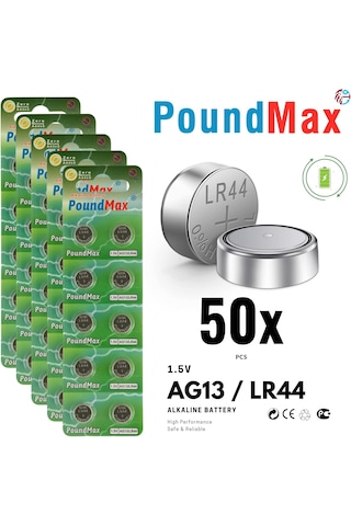 50 Adet Poundmax Ag13 Lr44 1,5 V Poundmax Alkalin Düğme Pil