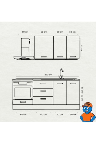 220 Cm Mutfak Dolabı Mdf Kapak Tezgah Dahil Yrkn220 99 Siyah