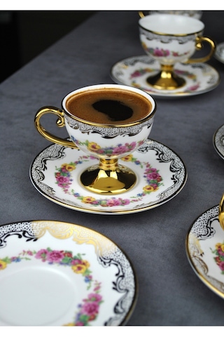 6 Kişilik Porselen Pembe Çiçekli Vintage Gold Ayaklı Kahve Fincan Takımı 90 Ml