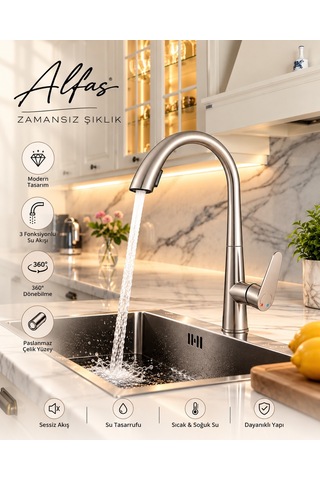 Alfas Inox Mutfak Eviye Bataryası Spiralli Çift Modlu Eviye Bataryası 304 Paslanmaz Çelik İnox