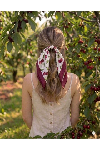 Trend Dokunuş Kadın 50-50 Saten Kirazlı Fular Bandana Kırmızı