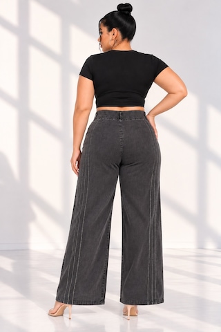 Büyük Beden Denim Taşlı Yüksek Bel Bol Paça Kadın Pantolon Siyah