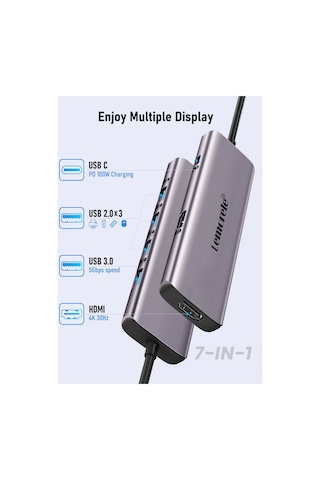 Lemorele Tc66, 7 İn 1 Type-c To Usb Hub Dock Çoklayıcı, Çift 4k Hdmı Çıkışlı 100w Pd Şarj 4x Usb Çoğaltıcı