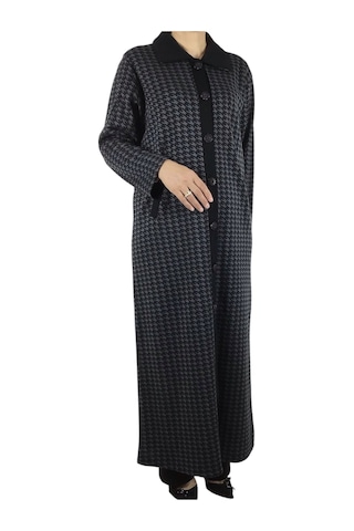 Kadın Desenli Önü Düğmeli Cepli Çelik Örgü Pardesü Gri