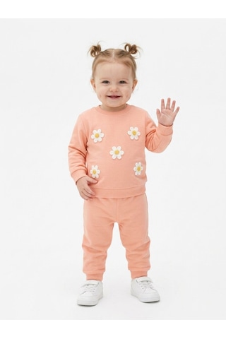 HelloBaby Pamuklu Papatya Detaylı 2li Kız Bebek Takım Somon