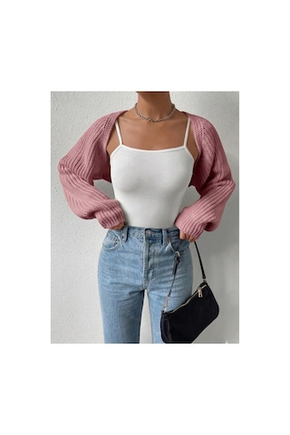Moibody Triko Örgü Reglan Kol Bolero Hırka Kore Tarzı 4 Mevsim Pembe Pembe