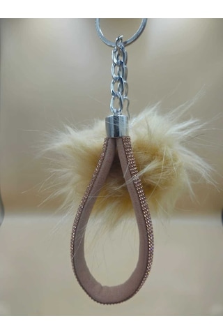 Camel Taşlı Tilki Tüyü Bej Angel Anahtarlık