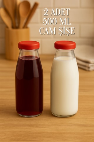 2 Adet Plastik Kapaklı 500 Ml Sürahi Süt, Ayran, Su, Limonata Meşrubat Şişesi Cam Şişe 500cc