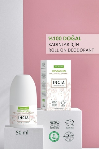 INCIA %100 Doğal Roll On Deodorant Kadınlar İçin Ter Kokusu Önleyici Leke Yapmayan 50 ML