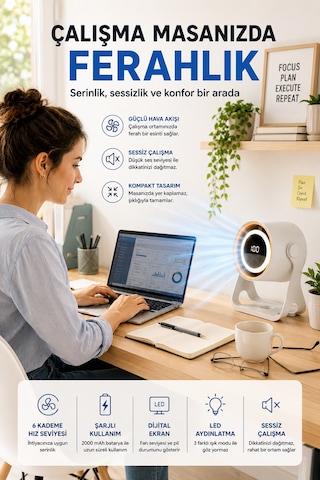 6 Kademeli Şarjlı Masaüstü Fan Dijital Ekranlı Led Işıklı Duvara Monte Askılı Mini Fan K6 Model