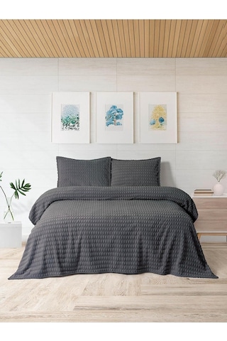Modern Twist 3 Parça Battaniye Seti Çift Kişilik Battaniye Seti Koyu Gri