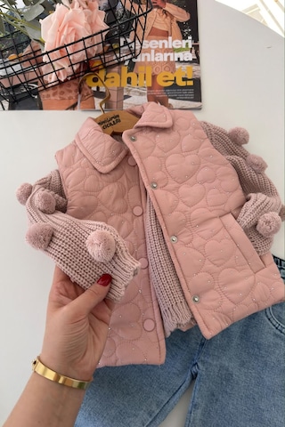 Minigimin Cicileri Kalp Desenli Taş Detaylı Kız Bebek Kapitone Montlu Triko Ve Kot Pantolon 3 Lü Takım - Pudra
