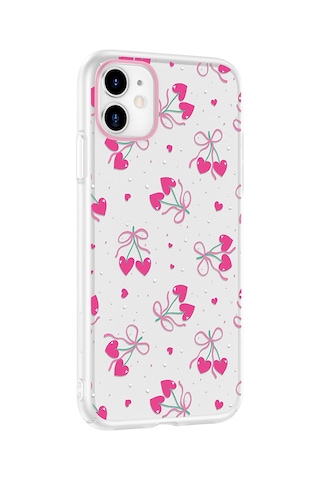 Apple Uyumlu iPhone 11 Kılıf Kamera Korumalı Desenli Zore Klip Kapak - Kalpli Kiraz -