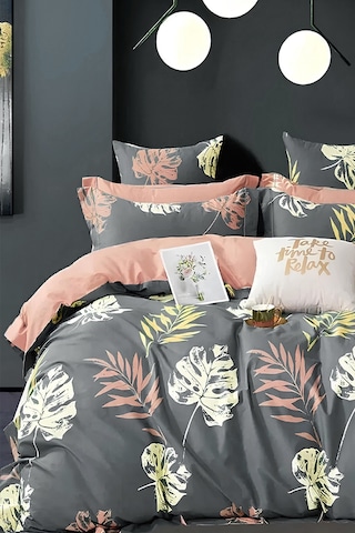 İqon Leaf Lastikli Çarşaflı Çift Kişilik Nevresim Takımı Gri 200 x 220 CM Gri