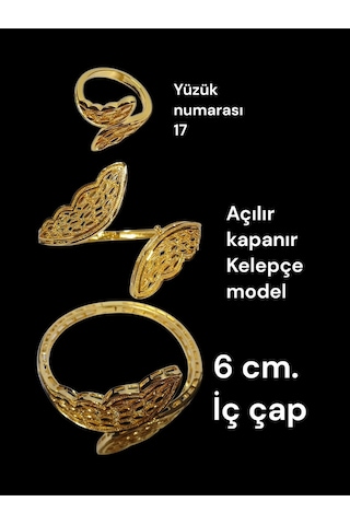 Altın Kaplama Ajurlu Kelepçe Bilezik Ve Yüzük Seti - Birebir Altın Görünümlü İkili Kadın Takım Gold