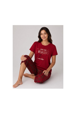 Pijamask Kadın Bordo Ekose Kapri Pijama Takımı Bisiklet Yaka Kısa Kollu Rahat Ev Giyim P100-887 Kırmızı