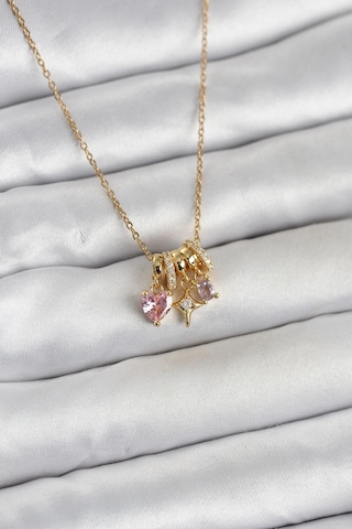 316l Çelik Gold Pembe Zirkon Taşlı Charmlı Kadın Kolye Çok Renkli