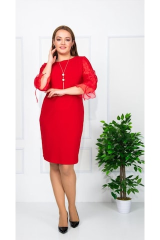 Haimoda Kadın Elbise Kırmızı Büyük Beden Kol Şifon Kırmızı