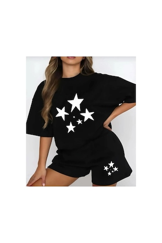 Startmore Kadın Siyah 'göğüs Yıldız Baskılı''oversize Şort- T-shirt Takım Strup0000000000050