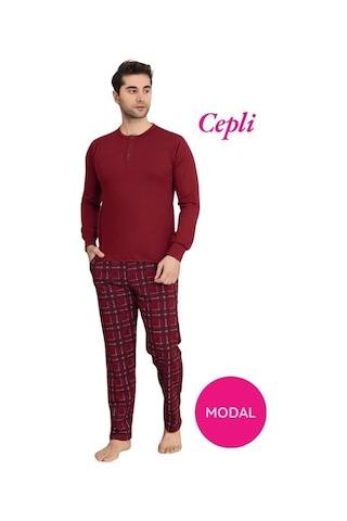 Erkek 3 Düğmeli Ekose Desen Pamuk Likra Mevsimlik Modal Uzun Kol Manşetli Cepli Pijama Takımı Bordo